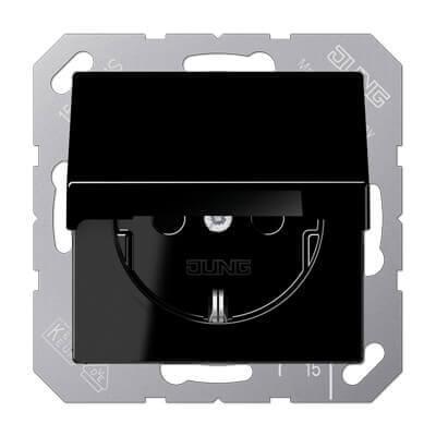 Розетка с заземлением с крышкой безвинтовой зажим 16A 250V Jung A 500 черная A1520KLSW