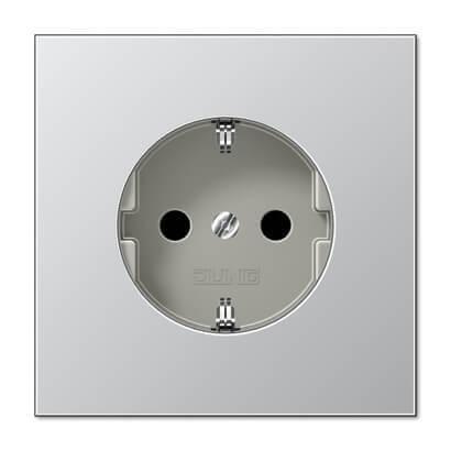 Розетка с заземлением с защитными шторками безвинтовой зажим Jung LS 990 алюминий AL2520KI