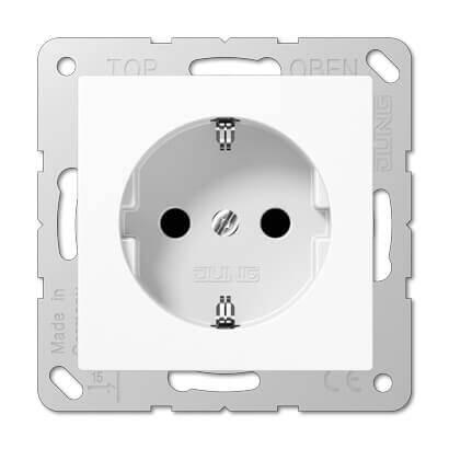 Розетка с заземлением с защитными шторками безвинтовой зажим Jung A 500 белая A520KIWW
