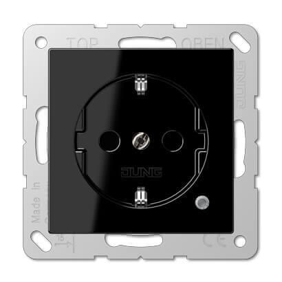 Розетка с заземлением с защитными шторками с индикацией напряжения безвинтовой зажим Jung A 500 черная A520KOSW