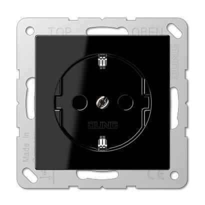 Розетка с заземлением с защитными шторками безвинтовой зажим Jung A 500 черная A520KISW