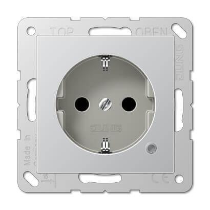 Розетка с заземлением с защитными шторками с индикацией напряжения безвинтовой зажим Jung A 500 алюминий A520KOAL