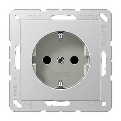 Розетка с заземлением с защитными шторками безвинтовой зажим Jung A 500 алюминий A520KIAL