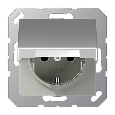 Розетка с заземлением с защитными шторками с крышкой безвинтовой зажим Jung A 500 алюминий A1520KIKLAL