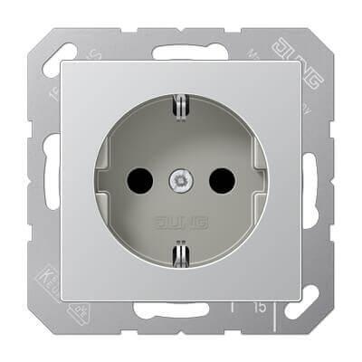 Розетка с заземлением с защитными шторками безвинтовой зажим Jung A 500 алюминий A1520KIAL