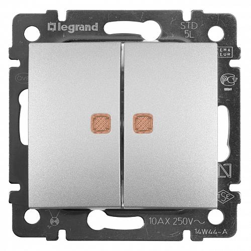 Переключатель двухклавишный Legrand Valena 10A 250V с подсветкой алюминий 770213