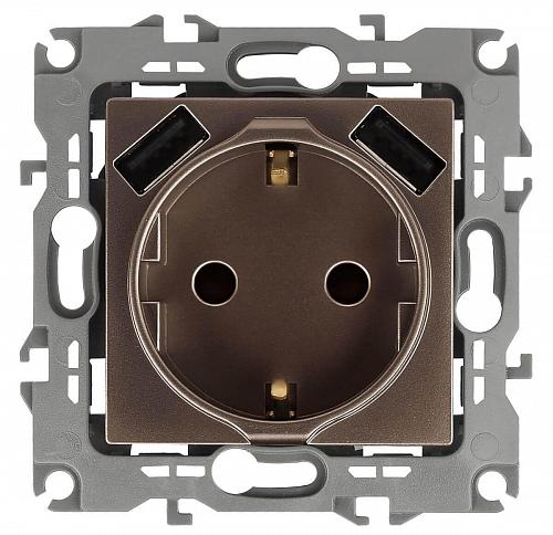 Розетка ЭРА Intro Solo Schuko P+E 16A 250V со шторками 2хUSB бронза 12-4109-13 Б0047847