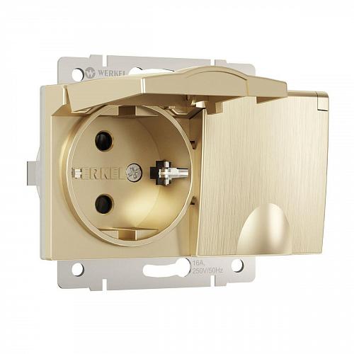 Розетка двойная влагозащищенная с заземлением с защитной крышкой и шторками Werkel шампань рифленый W1172210 4690389178108