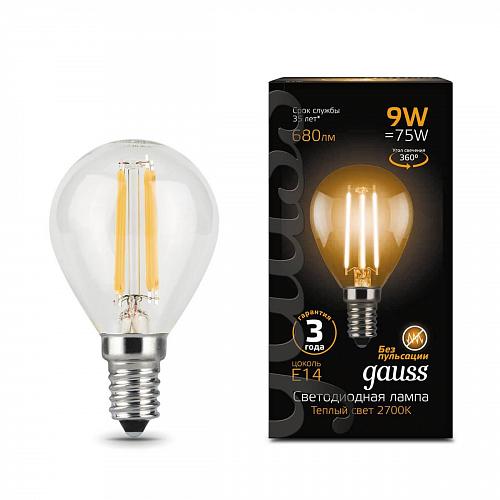 Лампа светодиодная филаментная Gauss E14 9W 2700К прозрачная 105801109