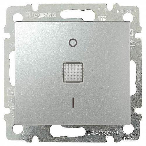 Переключатель одноклавишный двухполюсный Legrand Valena 10A 250V с подсветкой алюминий 770149